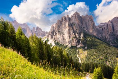 İtalya 'da Dolomite Alpleri, yüksek dağ ve yeşil orman