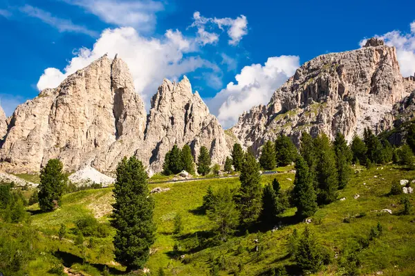 İtalya 'da Dolomite Alpleri, yüksek dağ ve yeşil orman