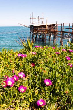 Fishing house with a net on sea bank clipart