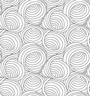 Girdapların ve ince çizgilerle çizilmiş soyut şekillerin kusursuz monokrom vektör deseni. Siyah renk dalgalarında veya akışında vektörsüz doku