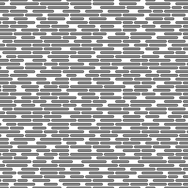 Beyaz arkaplanda izole edilmiş siyah renkli kusursuz yatay vektör deseni. Yuvarlak uçlu çizgilerin ve dikdörtgenlerin kusursuz vektör dokusu