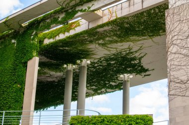 Sütunlarla desteklenen bir otoyol köprüsünün altı. Tüm cephe ve altı, yapıyı çok daha güzel yapan tırmanma bitkileriyle kaplı.