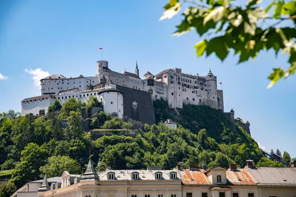 Salzburg, Salzburg - Avusturya - 06-17-2021: Önünde evler ve ağaçlar bulunan Hohensalzburg Kalesi, zarif, büyük bir kale altında açık bulutlu mavi bir gökyüzüne karşı.
