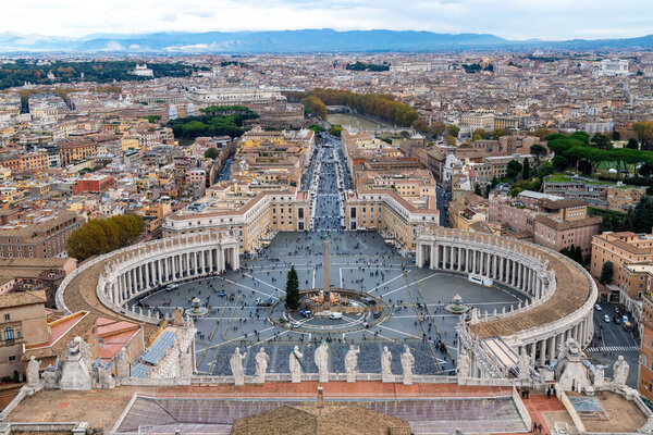 Roma, Latium - Italy - 11-26-2022: Expansive view over St. Peter's Square and beyond from Vatican's heights, showcasing Rome's landscape