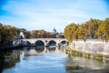 Sade Tiber Nehri tarihi Ponte Sisto 'nun altından akar. Uzakta Aziz Peter Bazilikası bulunur.