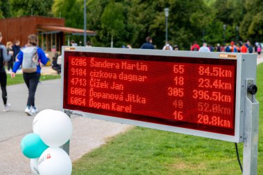 Prag, Başkent Prag - Çek Cumhuriyeti - 09-18-2022: Bir Prag etkinliğinde koşucuların isimlerini ve uzaklıklarını gösteren elektronik skor tahtası