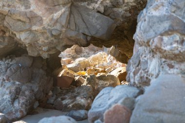 Cabo de Gata, Almeria - İspanya - 01-23-2024: Cabo de Gata kıyısındaki kayaların arasında güneşli doğal kaya kemeri oluşumu