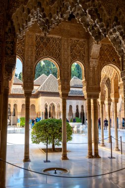 Granada, Granada - İspanya - 01-30-2024: Sığ çeşmeli zarif kemerler Alhambra Nasrid Sarayı 'ndaki ünlü Aslanlar Divanı çerçevesi