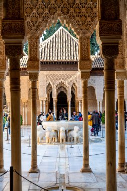 Granada, Granada - İspanya - 01-30-2024: Mükemmel simetri, simgesel Aslan Çeşmesi, ziyaretçiler tarafından takdir edilen ve zarif kemerlerle çevrili Alhambra Aslan Mahkemesi 'nde görkemli bir şekilde yükselir.