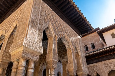 Granada, Granada - İspanya - 01-30-2024: Alhambra 'daki Nasrid saraylarının arap ve sütunlarının ayrıntılı görünümü, İslam sanatını ve mimari ihtişamı gözler önüne seriyor