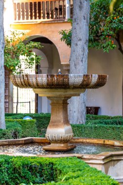 Granada, Granada - İspanya - 01-30-2024: Çeşme merkezleri Alhambra 'daki barok ve Nasrid elementleriyle Lindaraja Bakış Alanı bahçesini yemyeşil hale getirdi