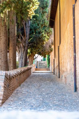 Granada, Granada - İspanya - 01-30-2024: El Partal tarafındaki sessiz kaldırım taşı sokak, antik ağaçlar ve duvarlarla çevrili, merdivenlere çıkıyor, Alhambra, Granada