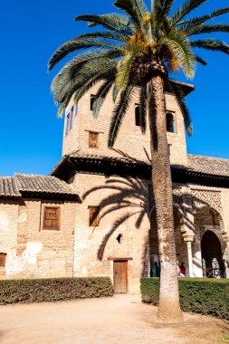 Granada, Granada - İspanya - 01-30-2024: El Partal 'ın simgesel verandası ve kulesi Alhambra' da palmiye ağaçları arasında mavi gökyüzünün altında