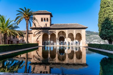 Granada, Granada - İspanya - 01-30-2024: Mavi gökyüzünün altındaki palmiye ağaçlarıyla çevrili, su havzasında El Partal Sarayı 'nın yansıması