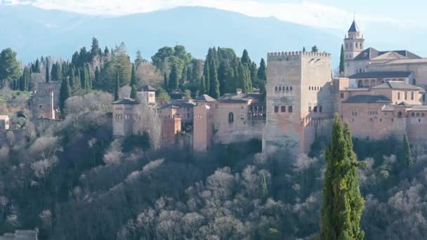 Granada Spanya Daki Alhambra Manzarası Dışarıdan Bir Tepe Üzerinde Birçok — Stok video