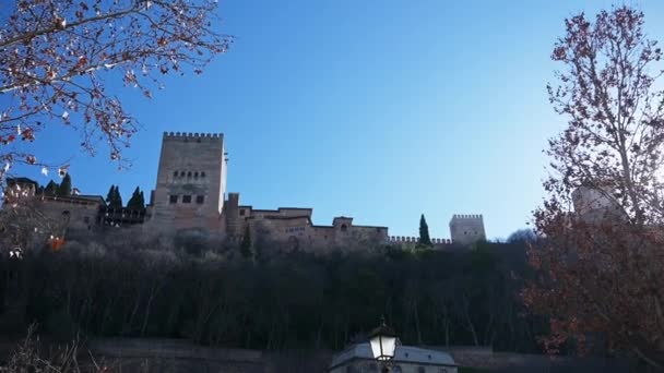 一个从左到右的温和的平底锅 从格拉纳达的Alhambra向太阳的方向拍摄了一个视图 通过一棵树向相机照射 天空是灿烂的蓝色 — 图库视频影像