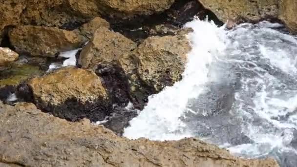 海から小さな岩のゴージに運ばれた水を泡立てる 石と岩の間でその道を織ります 両方に入って出入り 白い泡と — ストック動画
