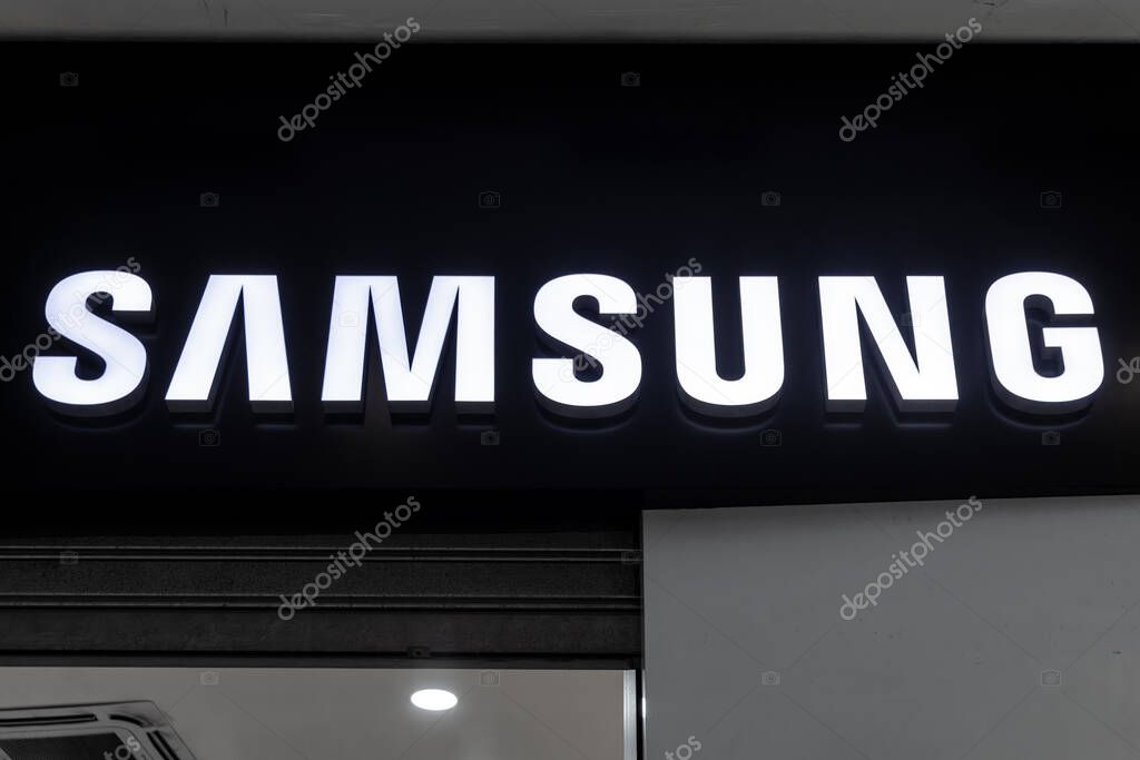 Casablanca, Casablanca-Settat - Morocco - 07-27-2024: Samsung store logo with bright backlighting in a shopping center.