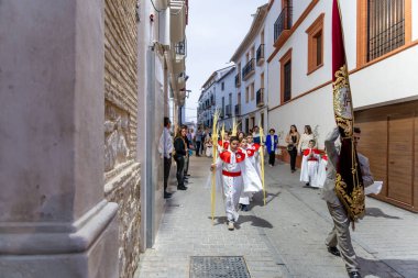 Castro del Rio, Cordoba - İspanya - 03-24-2024: Semana Noel alayı içinde palmiye yaprakları taşıyan ve beyaz cübbeler giyen çocuklar.