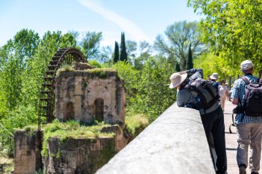 Cordoba, Cordoba - İspanya - 04-08-2024: Cordoba 'daki tarihi su çarkının fotoğraflarını çeken ziyaretçiler.