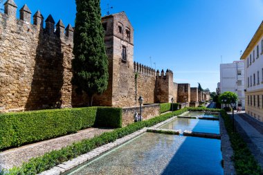 Cordoba, Cordoba - İspanya - 04-08-2024: Cordoba 'daki Alcazar de los Reyes Cristianos, güneşli bir günde kalın taş duvarlar, bir hendek ve yeşillik barındırıyor.