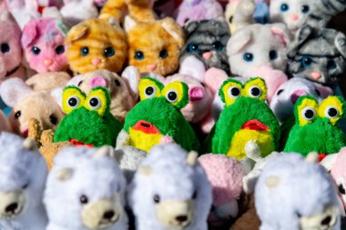 Bir market tezgahında çeşitli renk ve şekillerde doldurulmuş hayvanların sergilenmesi; kediler ve diğer hayvanlar arasında büyük gözlü belirgin yeşil kurbağalar.