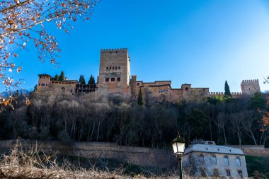 Granada, Granada - İspanya - 02-03-2024: Alhambra 'nın uzun kuleleri ve sonbahar yapraklarıyla manzarası.