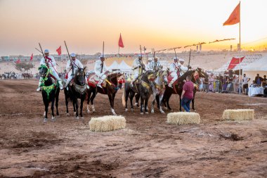 Agadir, Souss-Massa - Fas - 08-03-2024: Süslü atların Berber sürücüleri tüfekleri tutuyor, Fantasia gösterisine hazırlanıyor ve alacakaranlıkta bayraklar sallanıyor.