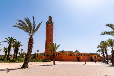 Agadir, Souss-Massa - Fas - 08-03-2024: Açık mavi gökyüzü altında palmiye ve bitkilerle çevrili, sıcak turuncu ve sarı tonlarda uzun, dar bir minaresi olan bir cami.