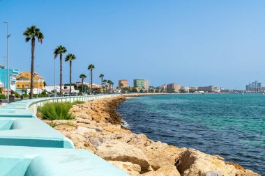 La Linea de la Concepcion, Cadiz - Spain - 08-28-2024: View of the coastal promenade in La Linea de la Concepcion with palms and a rocky coast. Modern buildings and the harbor area are in the background. clipart