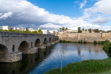 Merida, Badajoz - İspanya - 10-07-2024: Merida 'daki Roma köprüsü ayrıntılı taş kemerler, arka planda antik şehir duvarları. Nehir, bitki örtüsü ve dramatik bulutlarla çevrili ışığı yansıtır..
