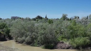 Cordoba, Cordoba - İspanya - 04-09-2024: Roma Köprüsü 'nden Guadalquivir Nehri üzerindeki verimli bitki örtüsü, eski kasaba, Alcazar kulesi, gezinti güvertesi ve Plaza del Triunfo' ya Pan.