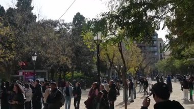 Barselona, Katalonya - İspanya - 01-08-2025: Yayaların bulunduğu kalabalık bir caddenin yakınındaki turizm bilgi kutusu. Birçok ziyaretçi ikonik binanın yanında toplanıyor, kaldırımda ağaçlar var..