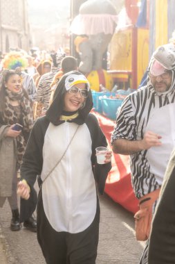 Fordongianus - Sardinien - Italien - 03-04-2025: Karnaval sırasında zebra ve penguen kostümlü yetişkinler arka planda şamandıralar ve diğer kostümlü insanlarla birlikte festival caddesinde yürürler.