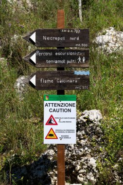 Pantalica, Sizilien - İtalya - 04-11-2025: Çimenli bir dağ bölgesindeki üç yönlü ahşap tabela, düşen kayalar ve yaban domuzları hakkında uyardı; konum: Pantalica doğa rezervi.