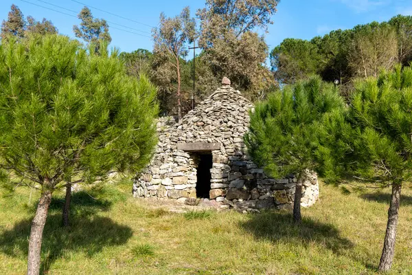 Dairesel şekilli ve küçük girişi olan kuru taş bir kulübe, parlak mavi gökyüzünün altındaki ağaçlarla çevrili çimenli bir alanda duruyor..