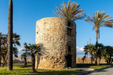 Eski yuvarlak bir taş kule yeşil bir alanda duruyor, uzun palmiyelerle çevrili. Gölgeler masmavi gökyüzünün altında esniyor..