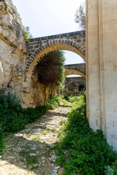 Taş kemerler ve Scicli 'deki San Matteo Kilisesi yakınlarındaki antik patika kayalık duvarlar, tarihi taş işçiliği, yeşillik ve güneş ışığıyla çevrili..