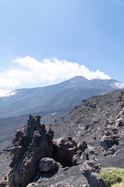 Volkanik yamaç, lava kayaları ve mavi gökyüzünün altında seyrek bitki örtüsüyle dağılmış durumda. Zirve uzak arkaplanda duman yayıyor..