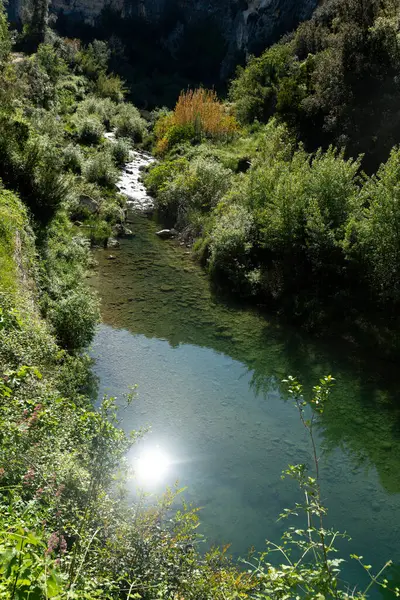Pantalica 'daki yoğun yeşil bitki örtüsünden akan temiz bir dere, su yüzeyindeki parlak güneş ışığını ve çevreleyen bitkileri yansıtıyor..