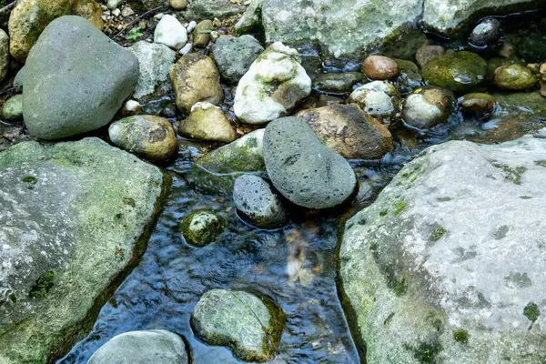 Pantalica vadisindeki yosun kaplı kayaların üzerinden sığ bir dere akar ve yuvarlak kayalar arasında yansımalar ve hafif dalgalanmalar yaratır..