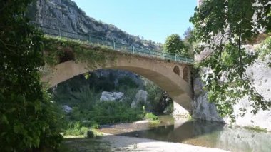 Taş kemer köprüsü, sarp kayalıklar, bitki örtüsü ve bahar ışığı altında yansımalarla çevrili kayalık bir geçitte sığ bir dere boyunca uzanır..