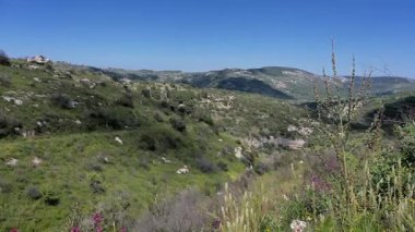 Uçsuz bucaksız tepelerin ve Pantalica 'nın kayalık arazisinin geniş manzarası vahşi bitki örtüsü ve açık gökyüzünün hakim olduğu doğal manzara..