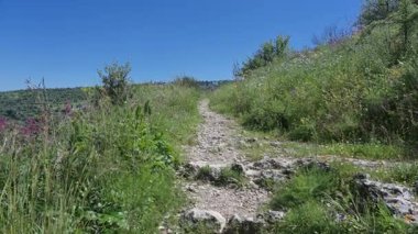 Kayalık patika patika, Pantalica yamaçlarındaki açık mavi gökyüzünün altında kır çiçeklerini ve sık otları kesiyor..