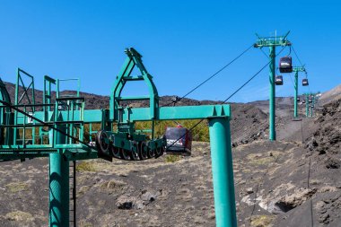 Catania, Sizilien - İtalya - 04-22-2025: Etna Dağı 'ndaki teleferik destek yapısına yakın çekim, volkanik araziden geçen yeşil direkler, makaralar ve kulübeleri gösteriyor.
