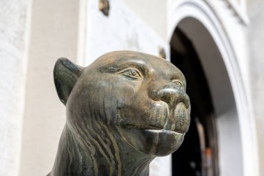 Reggio Calabria - Kalabrien - İtalya - 05-25-2025: Bir kedinin bronz heykeli Reggio Calabria 'daki San Paolo alla Rotonda kilisesinin önünde duruyor.....