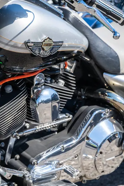 Reggio Calabria - Kalabrien - 05-18-2025: Krom kaplamalı Harley-Davidson motor ve tank ambleminin yakın çekimi, Reggio Calabria 'daki Seçkin Beyefendiler Yolculuğu sırasında kaydedildi.