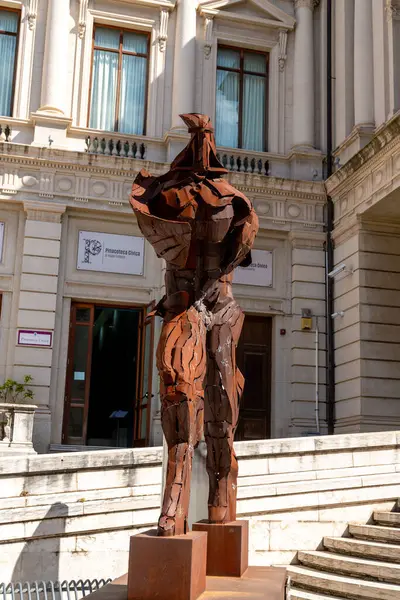Reggio Calabria - Kalabrien - 05-22-2025: Pinacoteca Civica sanat galerisinin girişinde duran, Reggio Calabria 'daki Teatro Francesco Cilea önünde demir heykel.