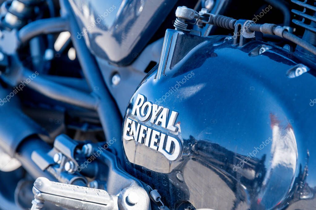 Reggio Calabria - Kalabrien - 05-18-2025: Close-up of a Royal Enfield motorcycle engine casing taken during the Distinguished Gentlemans Ride in Reggio Calabria on a sunny day.