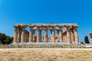 Capaccio Paestum - Kampanien - Italien - 07-06-2025: İtalya 'nın Paestum kentinde ahşap bir çitle çevrili, kuru çayırlarda güneş ışığında geniş kolonlara sahip antik bir taş tapınağın ön görünüşü.